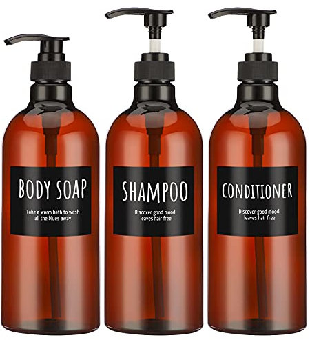 Empty Shampoo Bottles, Segbeauty 33.8oz 16.9oz Pump Bottles for Shampoo and Conditioner, 1000ml 500ml Liquid Soap Dispenser for Body Soap Shampoo Conditioner, Amber, 33.8oz/1000ml