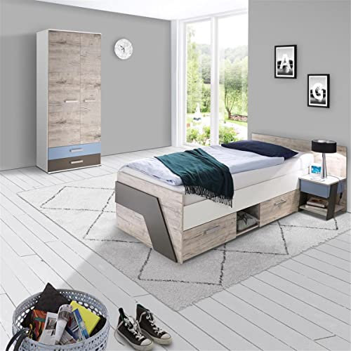 Jugendzimmer Kinderzimmer Set, Sandeiche weiß Lava blau, 90 x 200 cm Jugendbett, 60 cm Kleiderschrank, Nachttisch mit Ablage