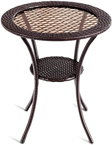 Luarane Couchtisch aus Korbgeflecht, 63,5 cm, runde Tischplatte aus gehärtetem Glas mit unterer Ablage, Rattan-Stahlrahmen, Tischmöbel geeignet für Hinterhof, Rasen, Balkon, Pool