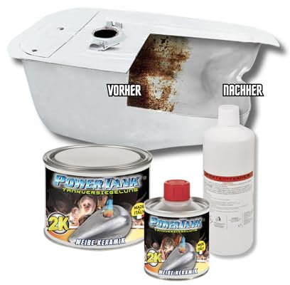 POWER TANK BIANCO CERAMICO Trattamento Serbatoio Moto (8/10 Litri) Kit Piccolo Small 350 gr per interno Serbatoi Elimina la Ruggine Ripara Protegge Arrugginito da Moto d'Epoca con Antiruggine
