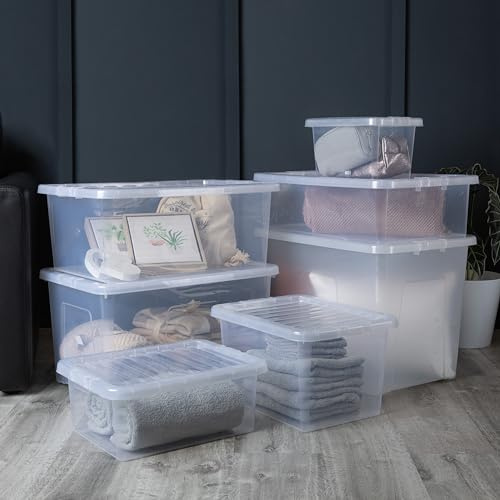 Wham Crystal 7 x Multisize Stackable Plastic Storage Boxes with Lids | Ideal for Home, Office, Toys & More | 7L, 17L, 25L, 32L, 45L, 60L & 80L Boxes | Made in UK - Clear