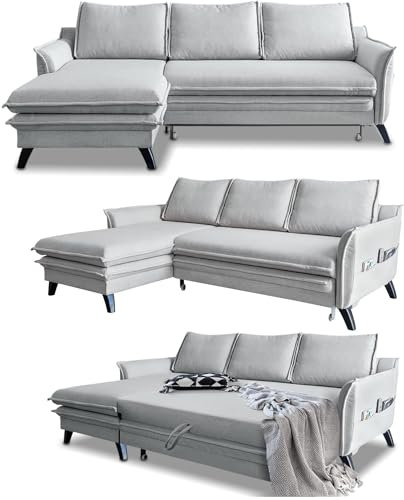 MIUFORM Ecksofa mit Schlaffunktion und Bettkasten | Charming Charlie Wohnlandschaft Mit Schlaffunktion Couch Schlafcouch Wohnzimmer Gästezimmer | Holzlfüße Boho-Stil (Hellgrau, Links ausgerichtet)