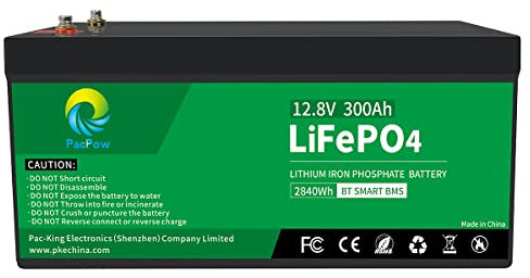 PacPow Lifepo4 Autobatterie Smart 12V 300Ah Lithium Batterie, Built-in 200A BMS, 5000+ Zyklen, Maximal 350 Ampere, Perfekt für Wohnmobile, Solar, Marine, Overland, Off-Grid usw.