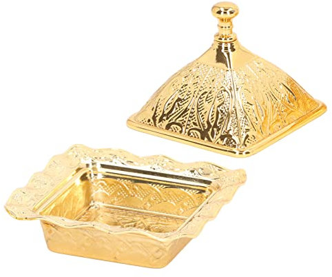 Cyrank Sugar Bowl,Turkish Gold Candy Sugar Serving Bowl Dish Jar with Lid,Vintage Gold Candy Bowl Decorative Snack Holder Zinc Alloy Serving Dishes for Parties Wedding Table