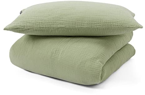 URBANARA 2er Set Musselin-Kinderbettwäsche Mondimi - 100% weiche Bio-Baumwolle, 1x Kopfkissen 60x40 cm & 1x Bettbezug 135x100 cm, Kokosnussknöpfe, GOTS-Zertifiziert & schadstofffrei - Pistazie