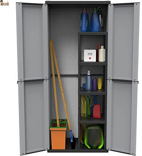 BricoLoco.com Armario escobero Exterior o Interior. Mueble en Resina para jardín, terraza, despensa, Cocina. Dos Puertas y Cuatro baldas