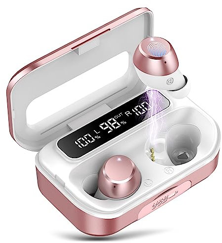 Wekily In Ear Bluetooth Kopfhörer, V5.3 Kabellos Kopfhörer mit 2600mAh Ladekoffer, 108 Std Spielzeit, LED Anzeige, Kraftvoller Bass, Klar Sprech Ohrhörer ENC Lärmreduzierung für Arbeit/Sport(Rosé)
