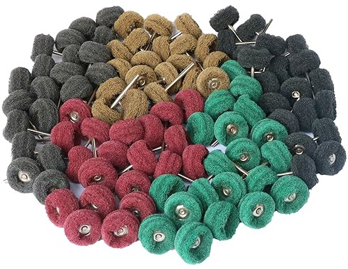 FPPO 100PCS Abrasive Buffing Polishing Wheel Set for Rotary Tool,Mini scouring pad Brush Polishing kit, Removal of Rust,Deburring on Metal Surface,with 3mm Mandrel
