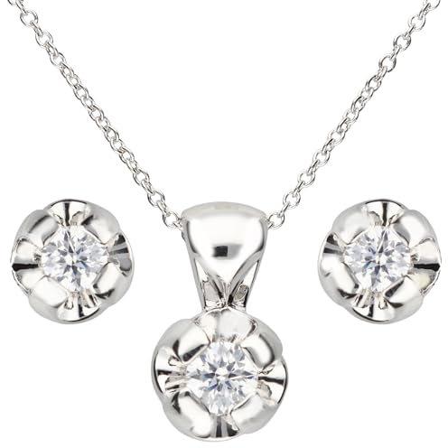 Löb Damen Schmuckset mit Glitzer Strass Zirkonia Stein Tropfen Diamant Form Anhänger Halskette Ohrringe Kette Set Brautschmuck Silber Weiß | Geschenke für Frauen Freundin Mama Mutter
