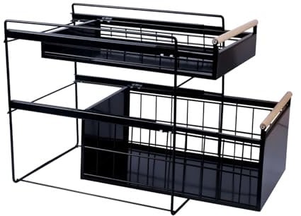 Luchs – 2 Etagen Organizer mit Schublade für die Spüle, ausziehbarem Korb und Gewürzregal. Vielseitig einsetzbar - Ideal für Küche, Badezimmer, Schlafzimmer, Speisekammer und Büro. (Schwarz)