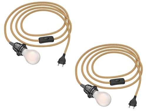 ledscom.de 2x Hanf-Kabel LEKA mit Stecker, Schalter, 3 m, beige, inkl. E27 Lampe, Energieeffizienzklasse A, gefrostet, (warmweiß, 4 W, 935lm)