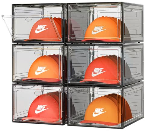 SCAVATA 6 Pack Hat Organizer Box, Stackable Clear Baseball Caps Holder Box Containers with Magnetic Door for Hats Snapback Cap Storag, Hat Rack Display Case, Holds 8 Hats Each (Black)