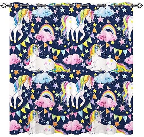 YUANZU Regenbogen Einhorn Vorhänge Kinder Wolken Sterne Ösen Gardinen mit Blickdichte Vorhang Kälteschutz Blackout Curtain Kinderzimmer Schlafzimmer Verdunkelung Fenster, 2 Stück, H 245 x B 140 cm