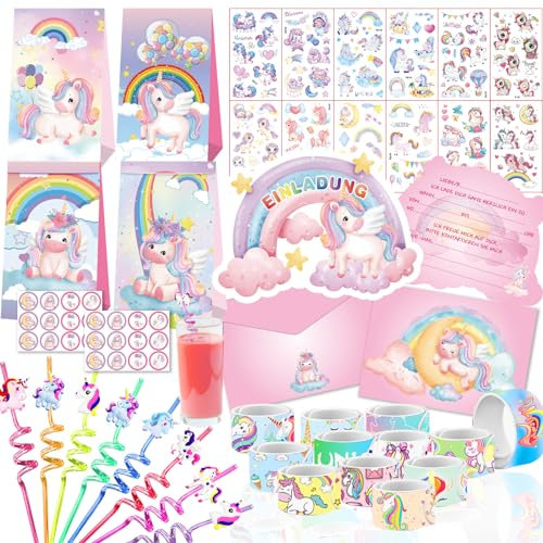 zycBernoi Einhorn Party Mitgebsel, Gastgeschenke Kinder Einhorn Deko Einhorn Party Set mit Tüteng, Einladungskarten, Strohhalme, Schnapparmband und Tattoos für Mädchen Einhorn Party