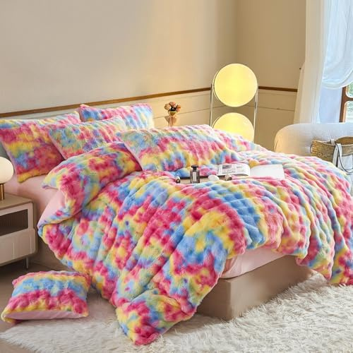 YASMENG Plüsch Bettwäsche 135x200 Winter Regenbogen Bunt Plüsch Langhaar Bettwäsche Winter Super Weich Kuschelig Flauschige Bettwäsche 2 Teilig für Kinder mit Reißverschluss und 80x80 cm Kissenbezug