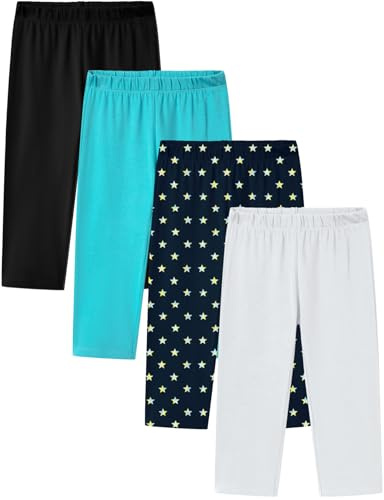 LAPASA Pacco da 4 Leggings Capri in Cotone per Ragazze, Collant Quotidiani e Sportivi Multipack dai 3 ai 13 Anni Primavera/Estate G19 9-10 Anni Nero, Turchese, Polvere di Stelle, Bianco