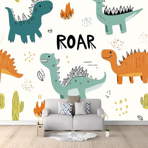 Papiers peints 300 x 210 cm Panoramique- Décoration murale moderne–pour chambre salon Dinosaure Pastel De Dessin Animé Tapisserie Photo Décoration Blanc