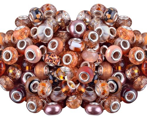 FSSTUD 60 Pcs 15mm Large Hole Glass Beads Assorted European Craft Beads Pen Bead Charms Big Hole Spacer Beads Bracelet Making Beads Loose Decorative Beads for Decoration Brown
