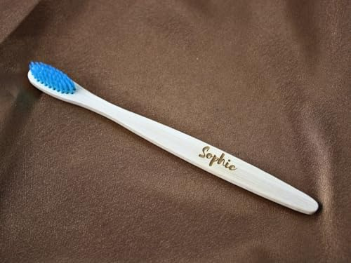 Zahnbürste, Bambus, natürlich, 100 % umweltfreundlich, Blau mit Gravur, personalisierbar