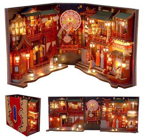 YANGUN DIY Book Nook Kit, 3D Puzzle Holz Buchstütze, DIY Miniatur Haus mit LED-Licht, Puppenhäuser Miniatur Haus Kit, Bücherregal Miniaturszenen Modellbausätze für Erwachsene zum Bauen (Tang-Dynastie)
