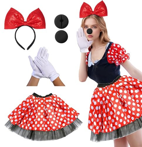 Werownsgso Maus Kostüm Damen, Rot Tutu mit weiß Gepunktet, Glitzer Fliege Haarreifen, Mouse Nase Weiße Handschuhe, Mini Maus Kostüm Damen für Fasching Halloween Karneval Cosplay Party