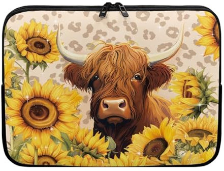 TSOVTHRID Highland Cattle Leopard Girasole Laptop Borse, 10-17 Pollici Notebook Cover Protettiva Borsa Borsa per Computer con Cerniera