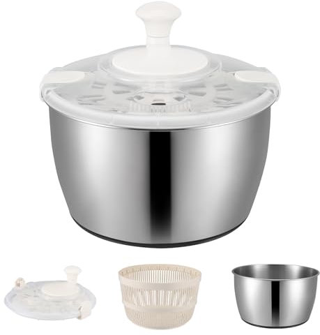 Nastopee Essoreuse à Salade, Grand Bol en Acier Inoxydable de 4,8 L, saladier avec Couvercle, essoreuse à Salade avec manivelle et Bouton d'arrêt, Base antidérapante, Bol mélangeur, Bol Isotherme
