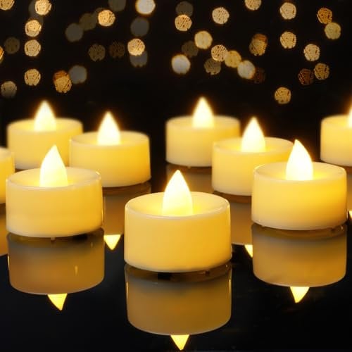 AMAGIC 50-Pack Warm Yellow LED Tea Lights Battery Operated Bright Flicker, 200+Hour Fake Candles TeaLights for Christmas, Halloween, Diwali, Wedding Table Decor