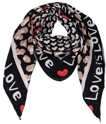 Damen Musselin Halstuch Made in Italy mit Leo Love Happy– Leichtes Dreieckstuch für Frühling & Sommer, Baumwolle, ca.195x85 cm (Love Schwarz)