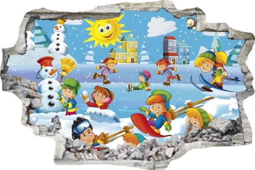 DesFoli Wandtattoo Comic Winterzauber in der Stadt Kindermotiv - verschiedene Rahmentypen DW00011 Farbe Grauer Stein Querformat, Größe 150 cm x 100 cm