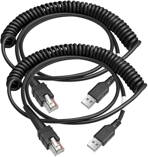 WUHAO 2-Pack 9.8FT CBA-3600-UNC3 Shielded USB Coiled Cable for Zebra Symbol DS3608 DS3678 LI3608 LI3678 Handheld Barcode Scanner RJ48 to USB-A