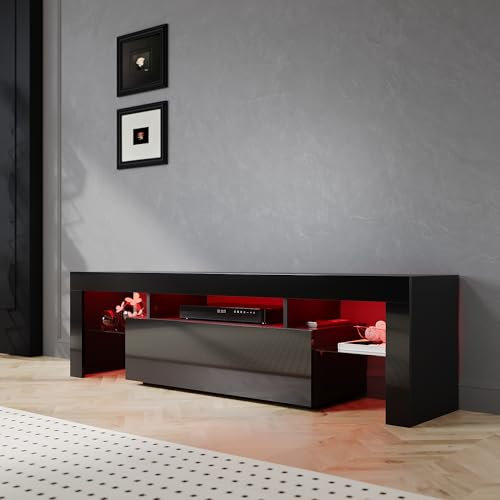 SIRHONA Meuble TV LED Noir, Banc TV 160x35x45cm, Éclairage LED RGB avec Couleur réglable, Capacité de Charge 30 kg, Convient pour Salon ou Chambre