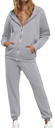 Donna Tuta Set Sportivo Felpa Cappuccio Casual Pantaloni Yoga Felpa Sportiva 2 Pezzi Tuta Manica Lunga Abbigliamento Casa Coulisse E Tasche Jogging Set per Running (Light Gray-2, S)
