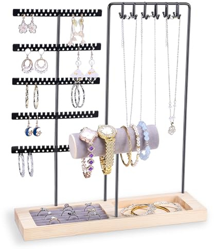 Espositore Gioielli a 4 Livelli, Portagioie con Vassoio in Legno, Porta per Collane Orecchini Bracciali e Anelli, Jewelry Organizer da Tavolo - Nero