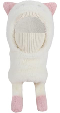 FEOYA Mädchen Maske Niedlich Strick Jungen Mütze Winter Weich Kinder Wintermütze Warme Gefüttert Strickmütze Fleece Flauschiger Schlupfmütze Multifunktionale Winddichte Weiß 4-10 Jahre