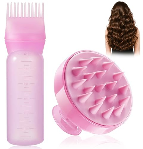 2 Stück Haaröl Applikator, Scalp Applicator Flasche und Kopfmassage Bürste, Hair Oil Haarfärbemittel Bottle mit Abgestufter Skala, Kopfhaut öL Applikator für Hair Oiling Haar Colorationen (Rosa)
