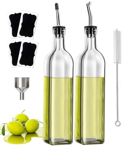 Showvigor Olive Oil Bottle & Vinegar Dispenser Set, 500ML Lead-Free Glass with 2 Nozzles, Funnel, Brush, Labels | Kitchen Gift Set for Cooking & Salad Dressing(2-Pack)