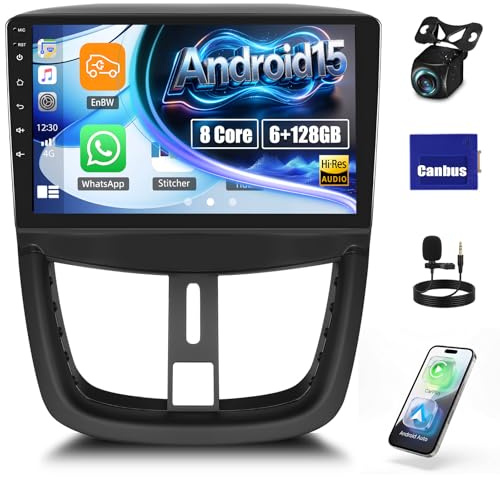 Android 15, 6G+128G 8Core GOHHDL Autoradio per Peugeot 207 2006-2010 con Carplay Android Auto, 9 Pollici Touch Screen con Bluetooth GPS Navi WiFi FM/RDS HIFI EQ DSP SWC Telecamera+MIC