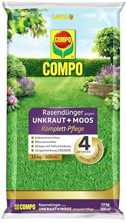 COMPO Rasendünger gegen Unkraut und Moos - 15 kg für 500m² - 3 Monate Langzeitwirkung - COMPO Rasendünger gegen Unkraut + Moos Komplett-Pflege
