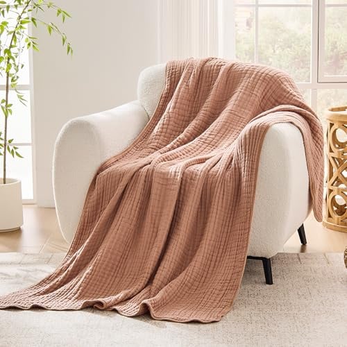 VANJOROY Musselin Tagesdecke 150x200cm-100% Baumwolle 6-Lagen Oeko-Tex Zertifizierte, Weiche Leichte Sommerdecke als Kuscheldecke, Bett-Überwurf, Baumwolldecke für Sofa und Bett. Kaffee
