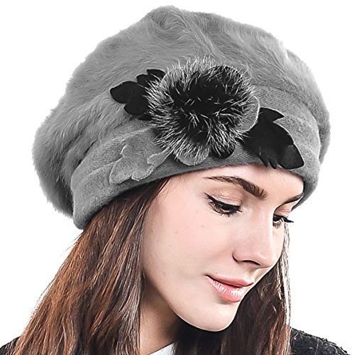 HISSHE Damen Barette Künstler Wolle Baskenmütze Angora Beanie Winter Mütze BR022 (Grau)