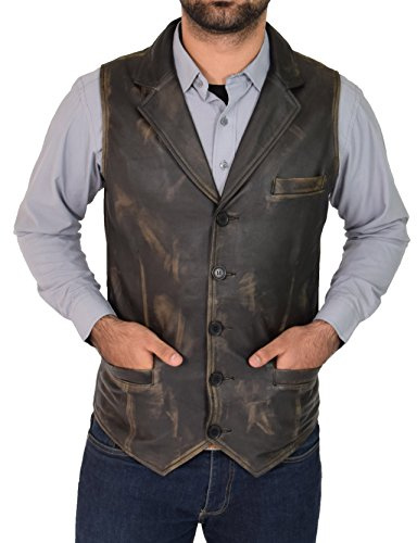 A1 FASHION GOODS Mens Genuine Vintage Rub Off Soft Leather Waistcoat Revere Collar Gilet Classic Western Vest Yelek - Rhys (XX-Large)