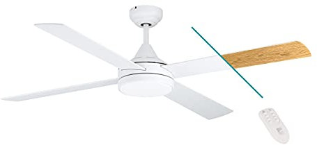 EGLO Deckenventilator TRINIDAD, 4 Flügel Ventilator mit Licht, weiß matt, Wendeflügel aus MDF in Weiß oder Eiche, Fernbedienung, Sommer Winter Betrieb, warmweiß–kaltweiß, dimmbar, AC Motor, Ø 122cm