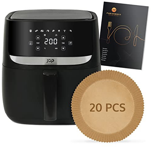 JAP Aspire Heißluftfritteuse 5,7L XXL - Power Airfryer mit 8 Kochfunktionen - Air fryer Spülmaschinenfest - 1700W, Rezeptbuch, LED-Touchscreen - Ohne Öl, Fettfrei - Schwarz