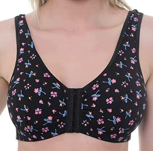 Gemm Womens Stretch Soft Cotton Lycra Non Wired Front Fastening Comfortable Bra, Black Floral, 44