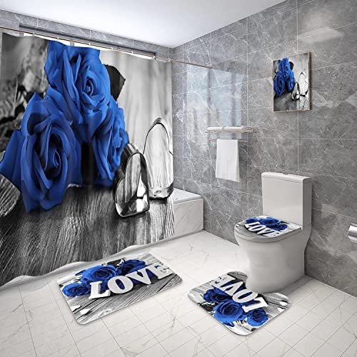 4Pcs Rose Duschvorhang Set mit rutschfesten Teppichen Toilettendeckel und Badematte Valentinstag Duschvorhang-Sets Blumen Bad Vorhang Wasserdichter Polyester Duschvorhang für Badewanne mit 12 Haken