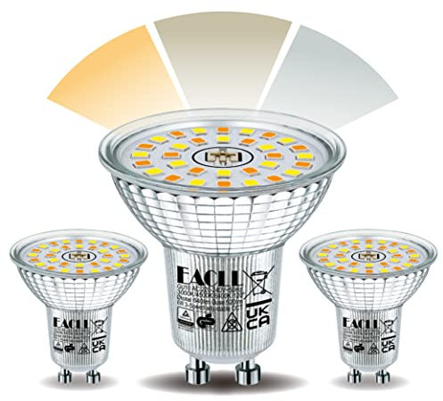 EACLL GU10 LED Lampe 6W 3-Stufen Einstellbare Farbtemperatur über Druckschalter, 2 Stück. Dimmbare Lichtfarbe ohne Fernbedienung, 3000K-4500K-6400K, 3-Farbiger 3-in-1 Strahler mit Memory-Funktion
