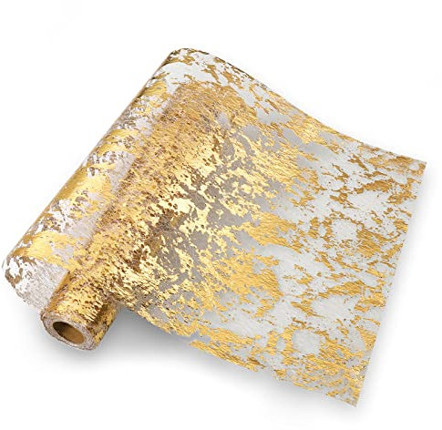 Hejo Tischläufer Gold, 28cm × 10m Glänzend Gold Tischband, Wiederverwendbar Dekostoff für Familientisch, Hochzeit, Weihnachten Ostern