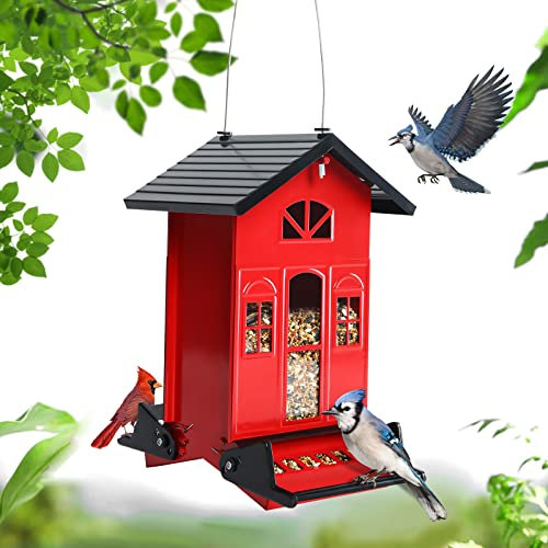 Birdkiss Vogelfutterhaus Eichhörnchensicher Außen - Landhaus Serie zum Aufhängen - Metall - 2,3 kg Saatgut - gewichtsaktiviert für draußen - große Kapazität und rot