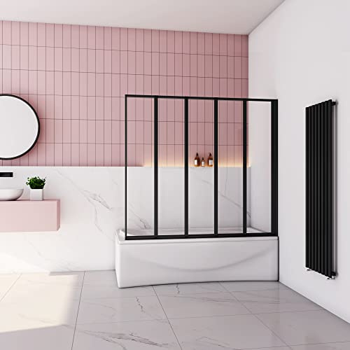 Mampara Ducha para Bañera - 5 Hojas Plegables - Vidrio Templado 4mm - Perfil Negro Mate - (1193-1203) X1400mm
